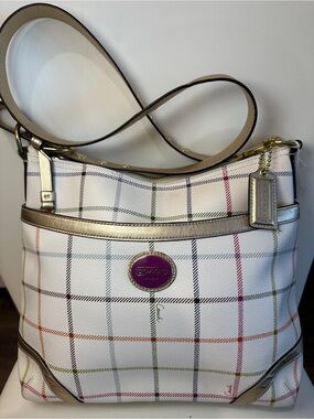 Coach Madison Plaid Leather Shoulder Bag White Metallic Trim Pink Lining - NWOT